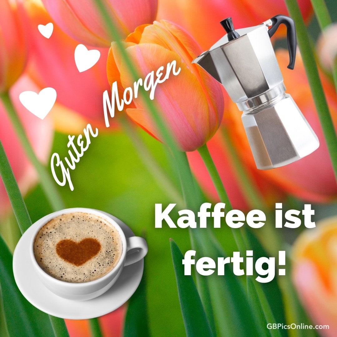 Guten Morgen! Eine Tasse Kaffee mit Herzschaum und Espressokocher, umgeben von Tulpen