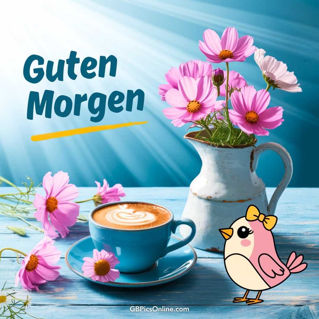 Ein Gruß „Guten Morgen“ mit Blumen, Kaffee und einem Vogel