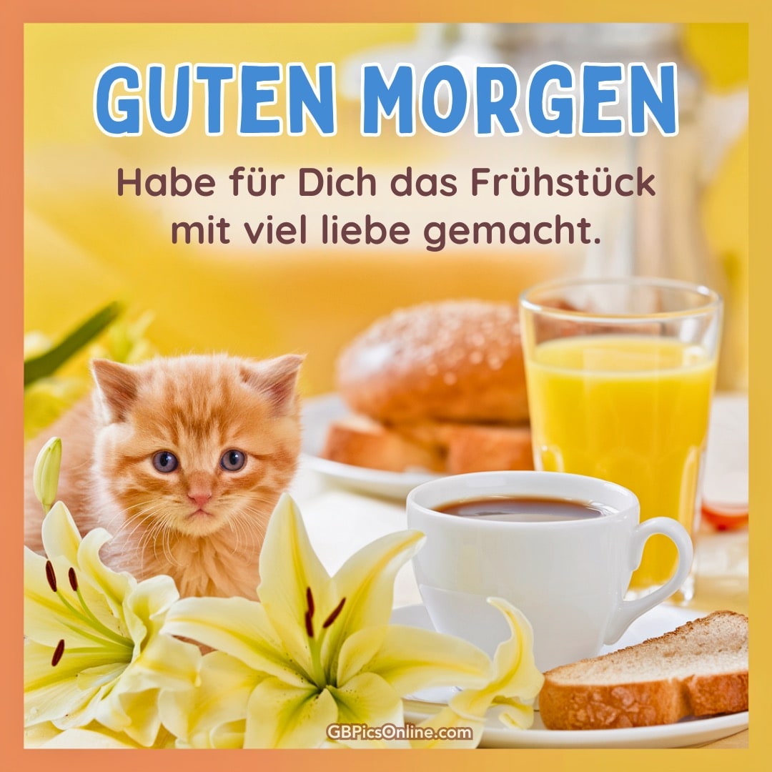 Ein gemütliches Frühstück mit Kätzchen, Kaffee und Brötchen