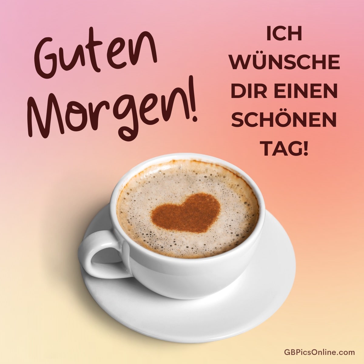 Eine Tasse Kaffee mit Herzmuster auf buntem Hintergrund mit Grüßen