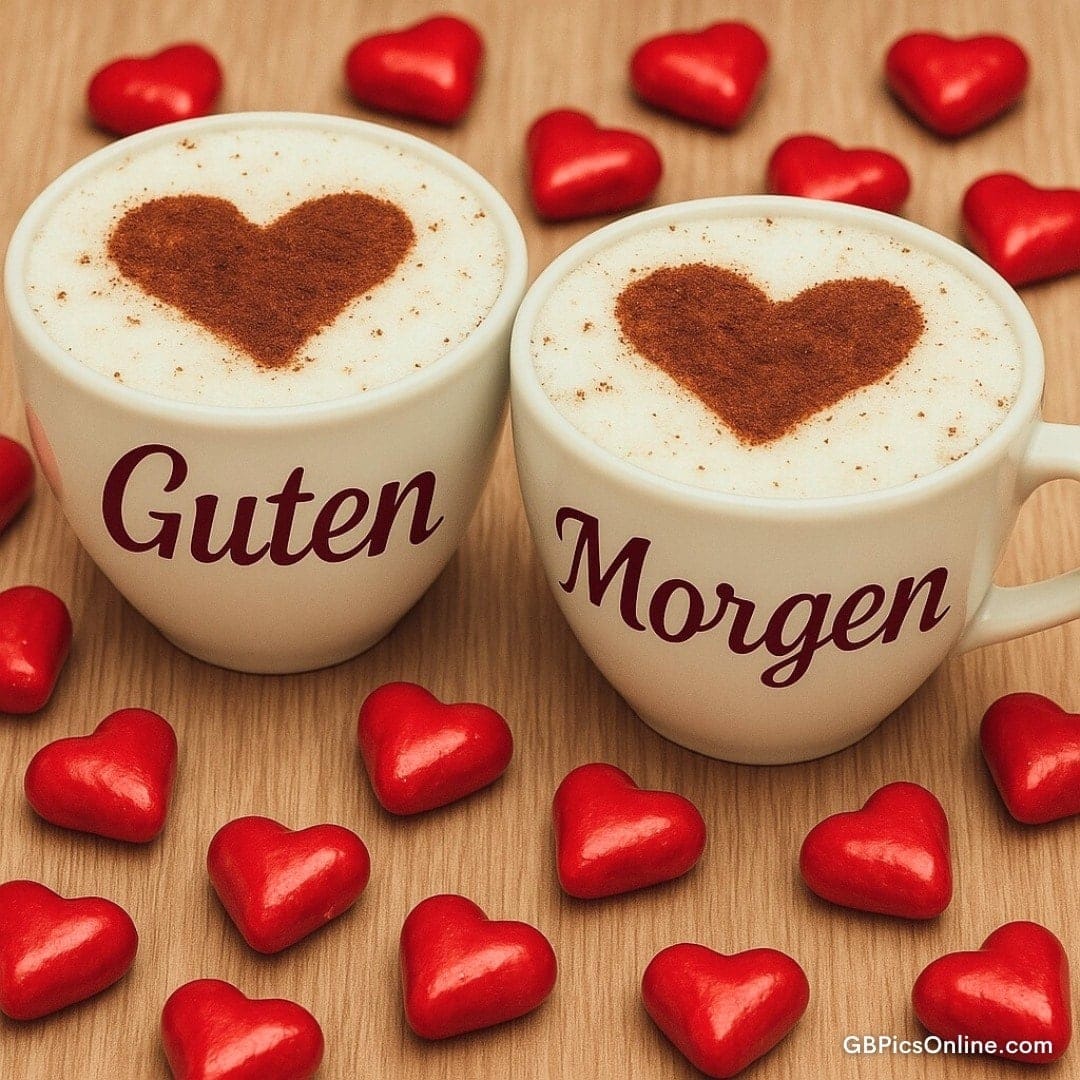 Zwei Tassen Cappuccino mit Herzmuster und dem Schriftzug „Guten Morgen“, umgeben von roten Schokoladenherzen