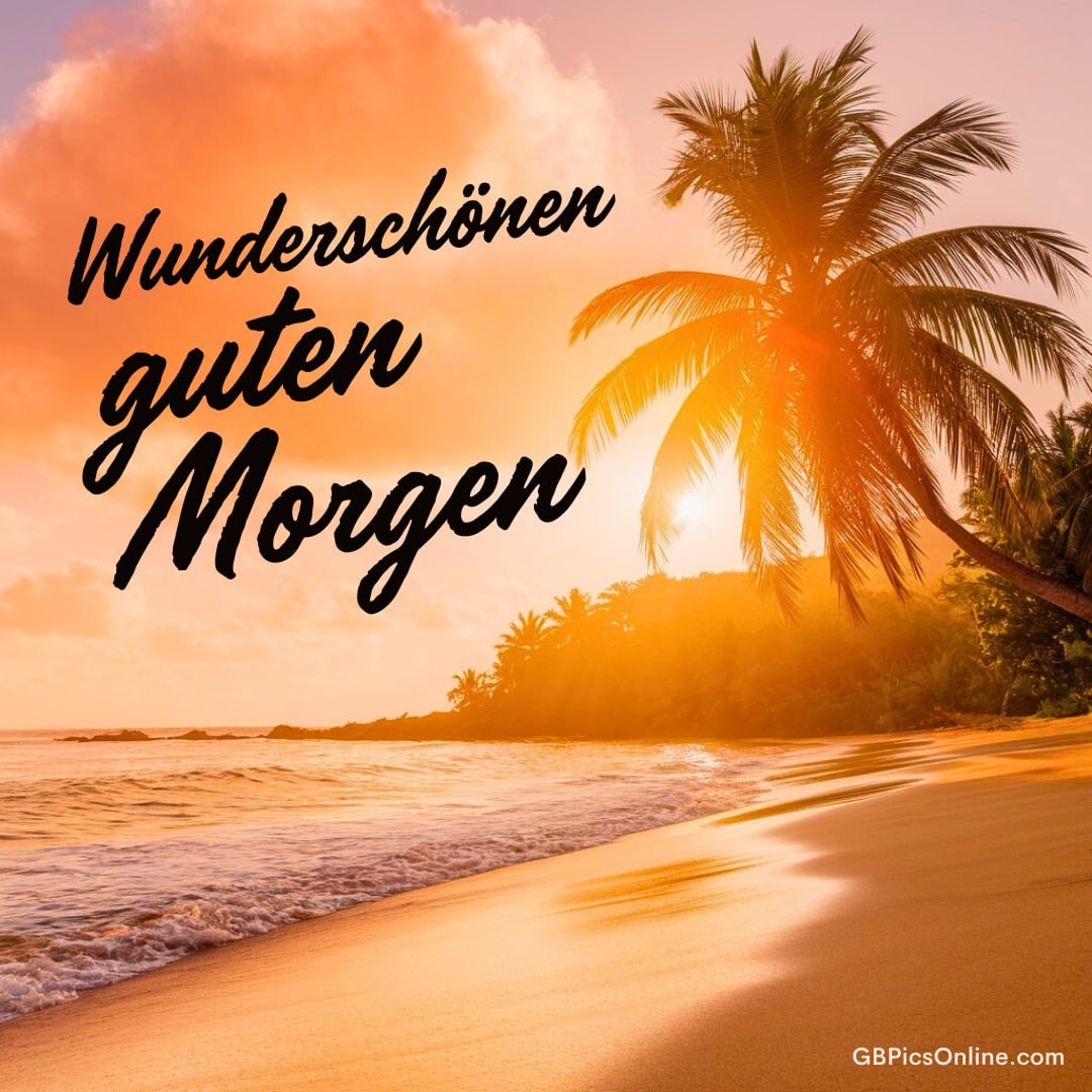 Sonnenaufgang am Strand mit Palmen, goldener Himmel und der Schriftzug „Wunderschönen guten Morgen“