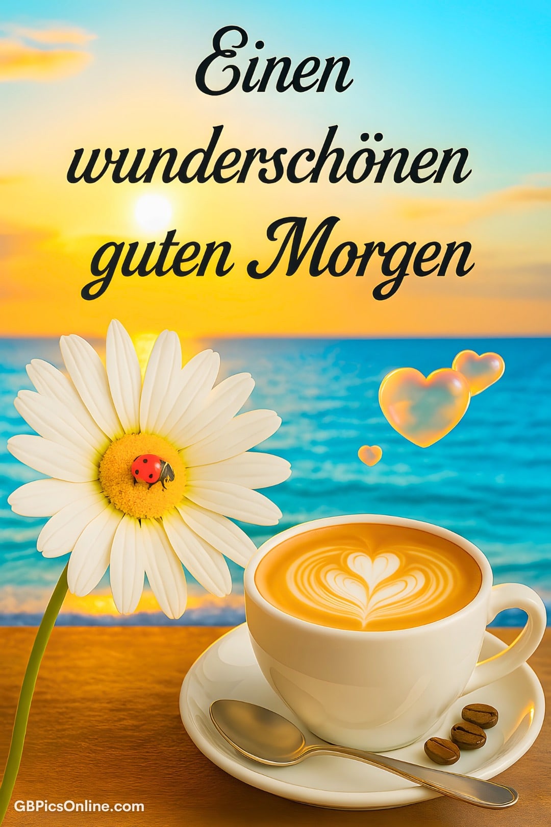 Eine Tasse Kaffee, Gänseblümchen mit Marienkäfer vor Sonnenaufgang am Meer
