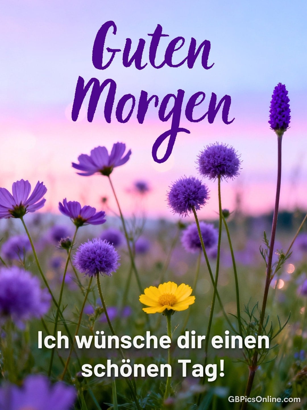 Wiese mit violetten und gelben Blumen vor rosa-blauem Himmel, darüber Grußtext „Guten Morgen“