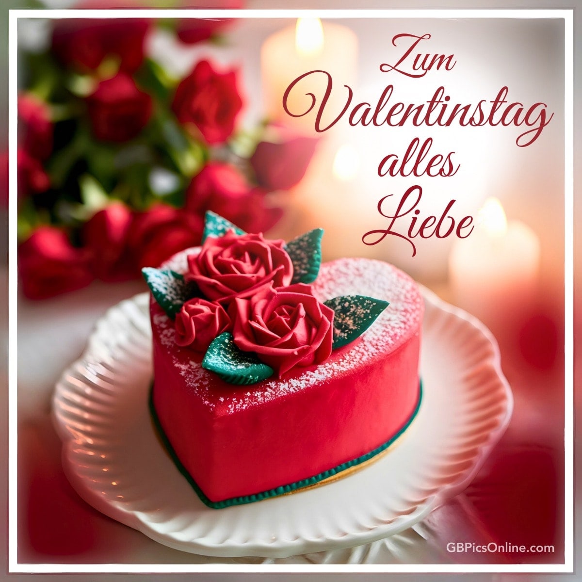 Eine rote Torte mit Rosen und Kerze, daneben rote Blumen, mit der Aufschrift „Zum Valentinstag alles Liebe“