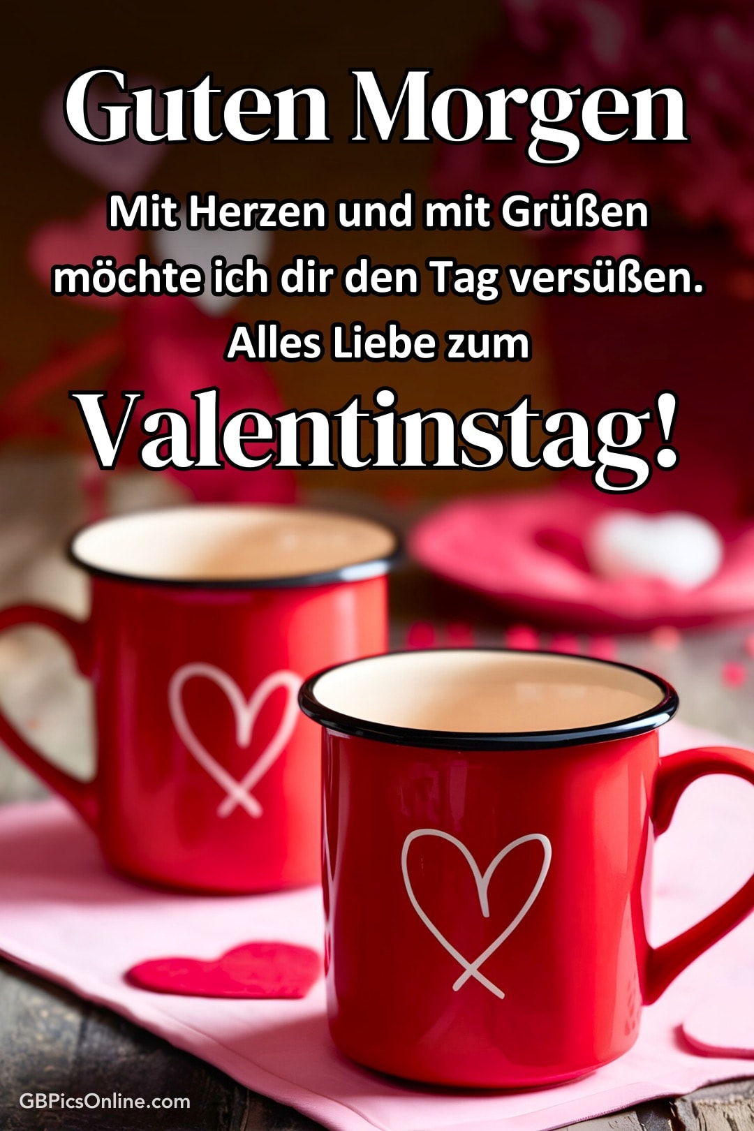 Zwei rote Tassen mit Herzmotiv auf einem Tisch, passend zum Valentinstag