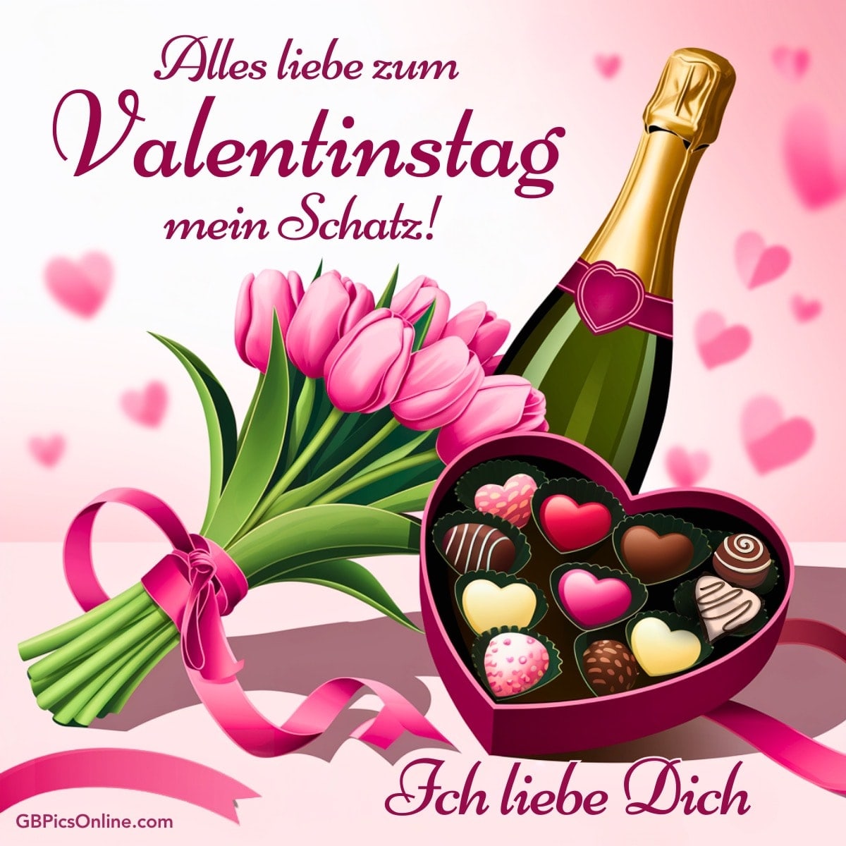 Valentinstagsgruß mit Tulpen, Pralinenherz und Sekt