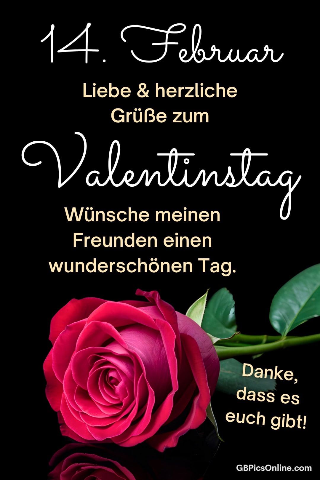 14. Februar, Valentinstagsgrüße mit einer roten Rose und Dankbarkeitsbotschaft