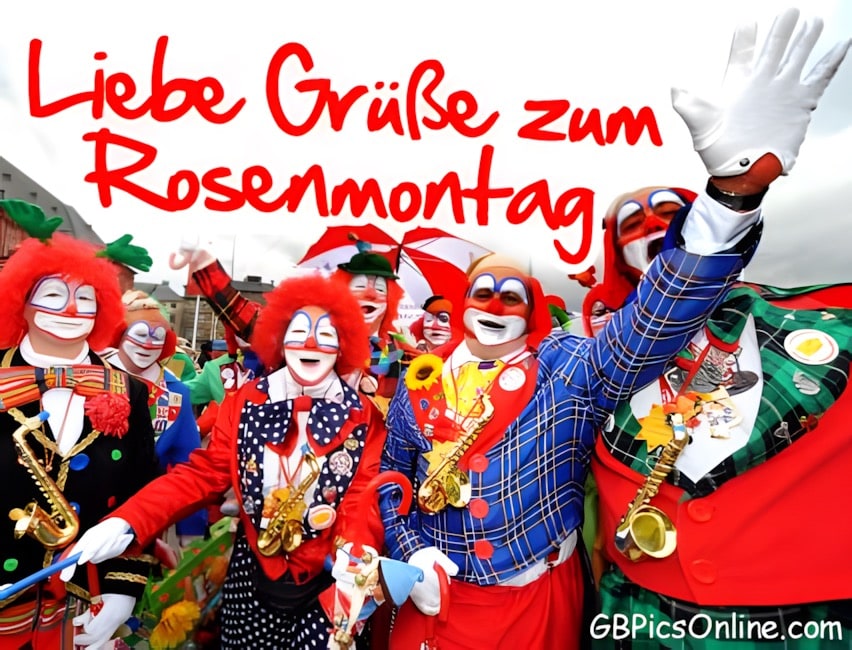 Personen in bunten Kostümen und Masken feiern den Rosenmontag