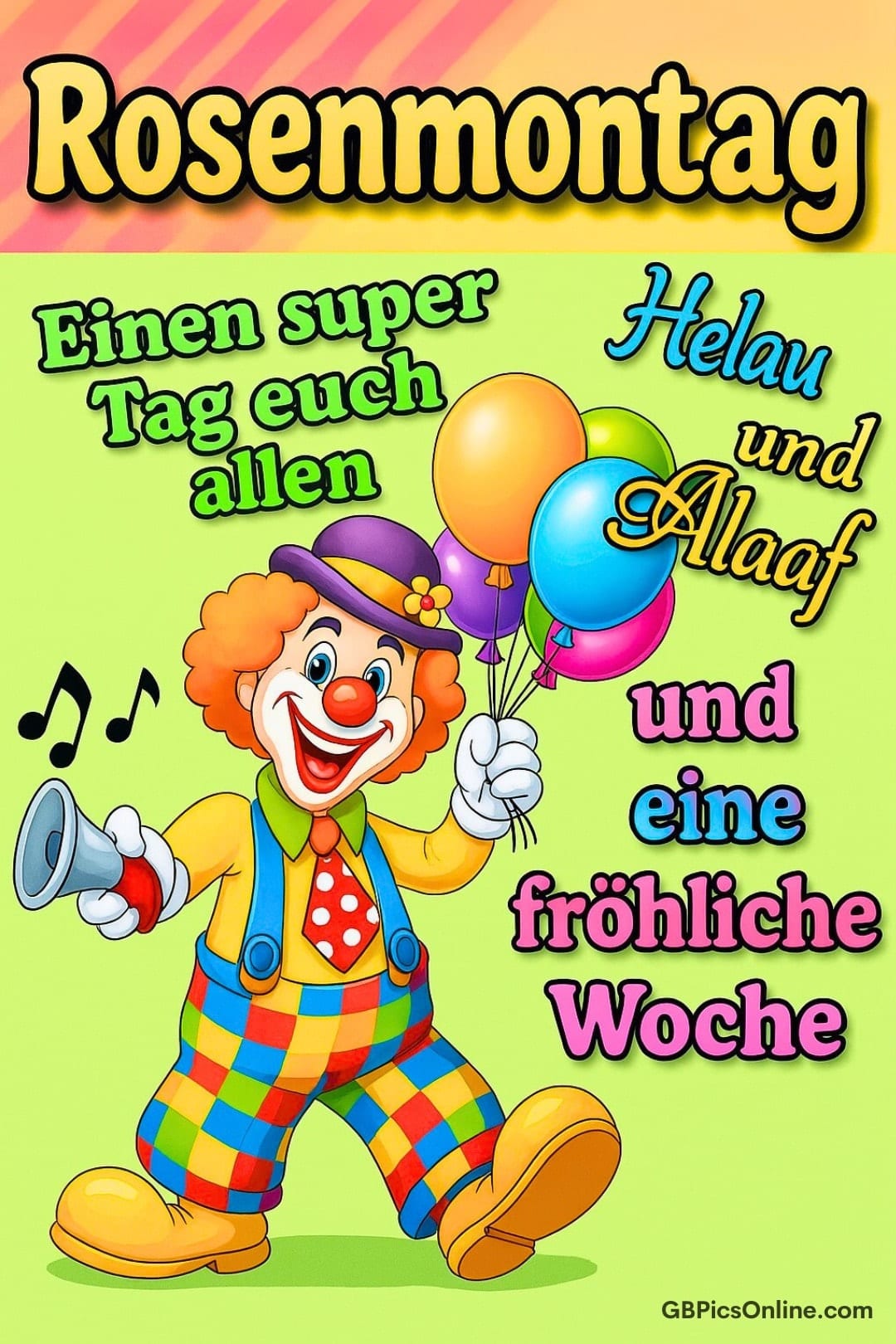 Bunter Clown mit Luftballons wünscht fröhliche Woche zum Rosenmontag