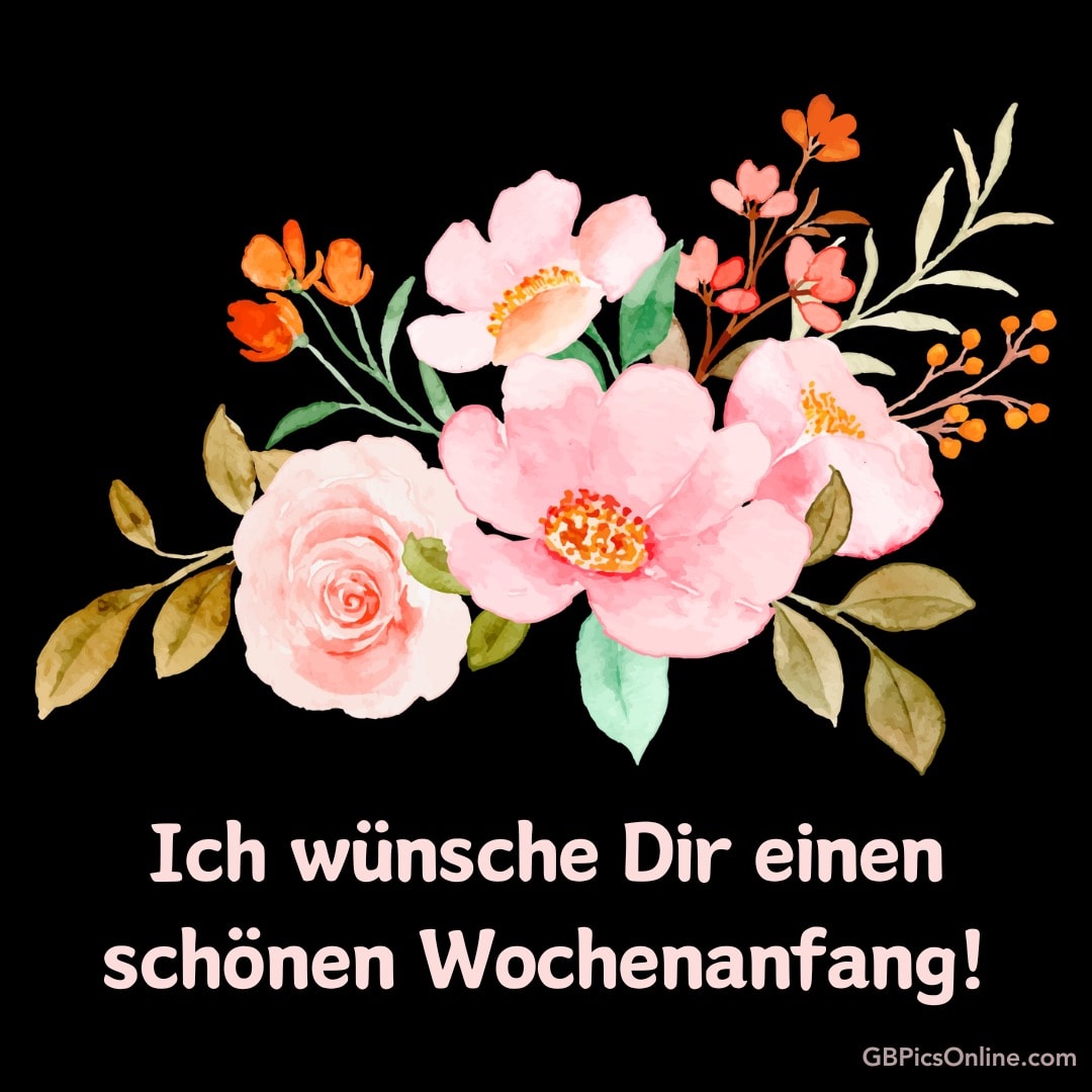 Bunte Blumen und der Text „Ich wünsche Dir einen schönen Wochenanfang!“ auf schwarzem Hintergrund