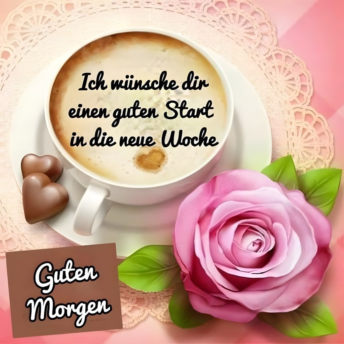 Tasse Kaffee mit motivierender Nachricht und eine rosa Rose daneben