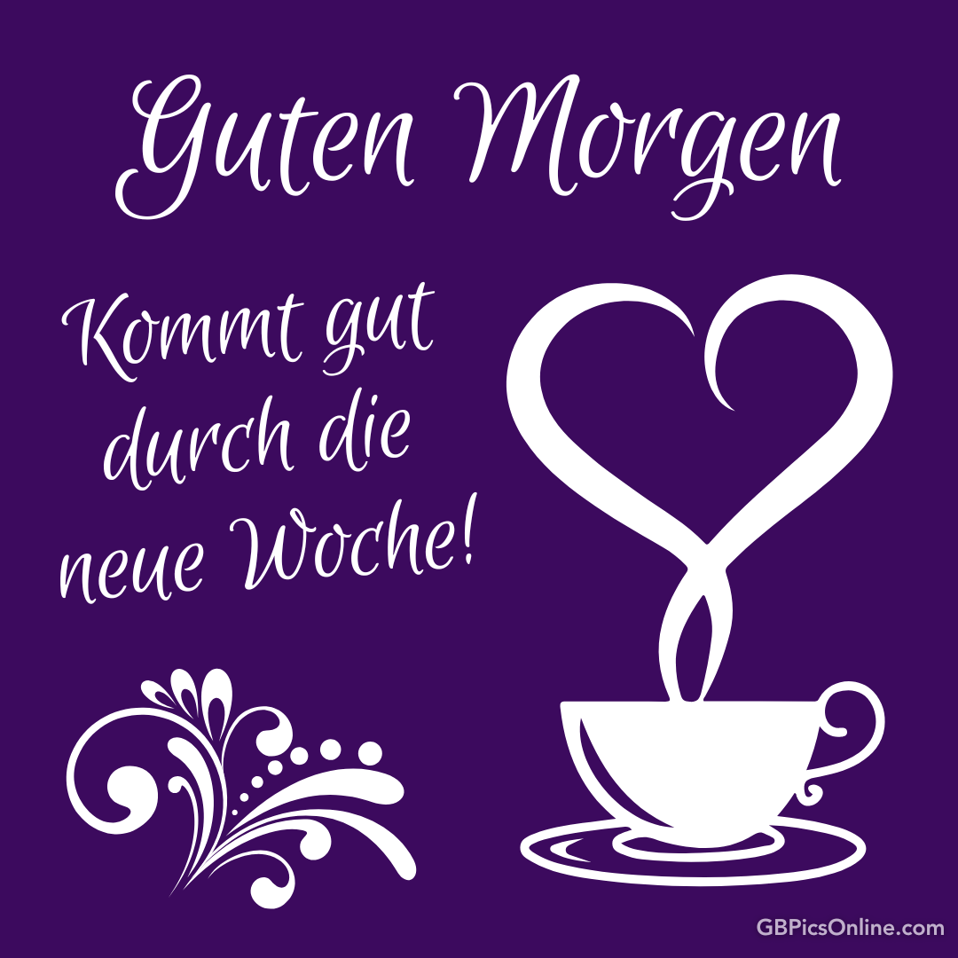 Lila Hintergrund mit der Aufschrift „Guten Morgen“ und einer Tasse, aus der ein Herz-Dampf steigt