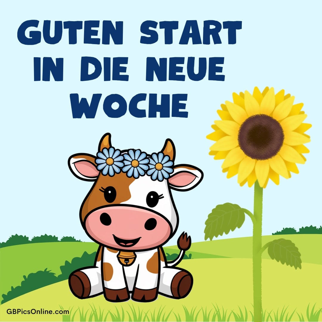 Eine niedliche Kuh mit Blumenkranz sitzt neben einer Sonnenblume auf einer Wiese. Text: Guten Start in die neue Woche