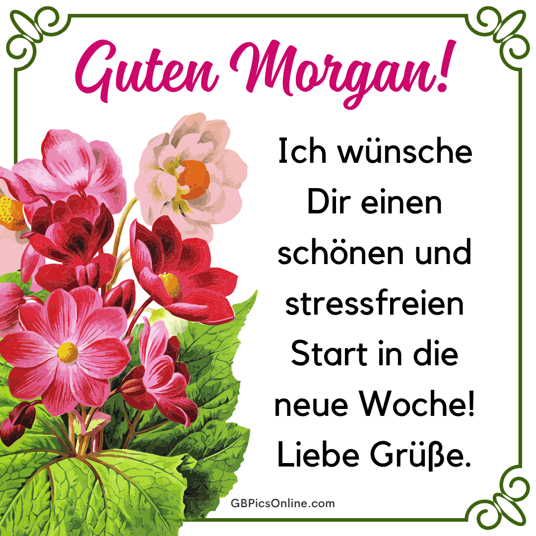 Bunte Blumen und Text „Guten Morgen!“ mit Wünschen für eine schöne Woche