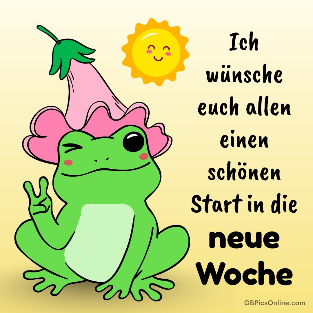 Frosch mit Partyhut zeigt Peace-Zeichen, neben lächelnder Sonne