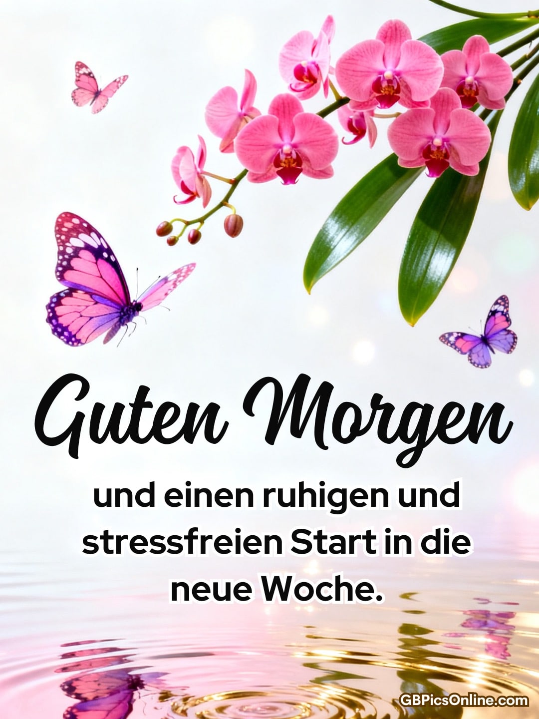Pinkfarbene Orchideen und Schmetterlinge über Wasser mit Grußtext für einen ruhigen Wochenstart