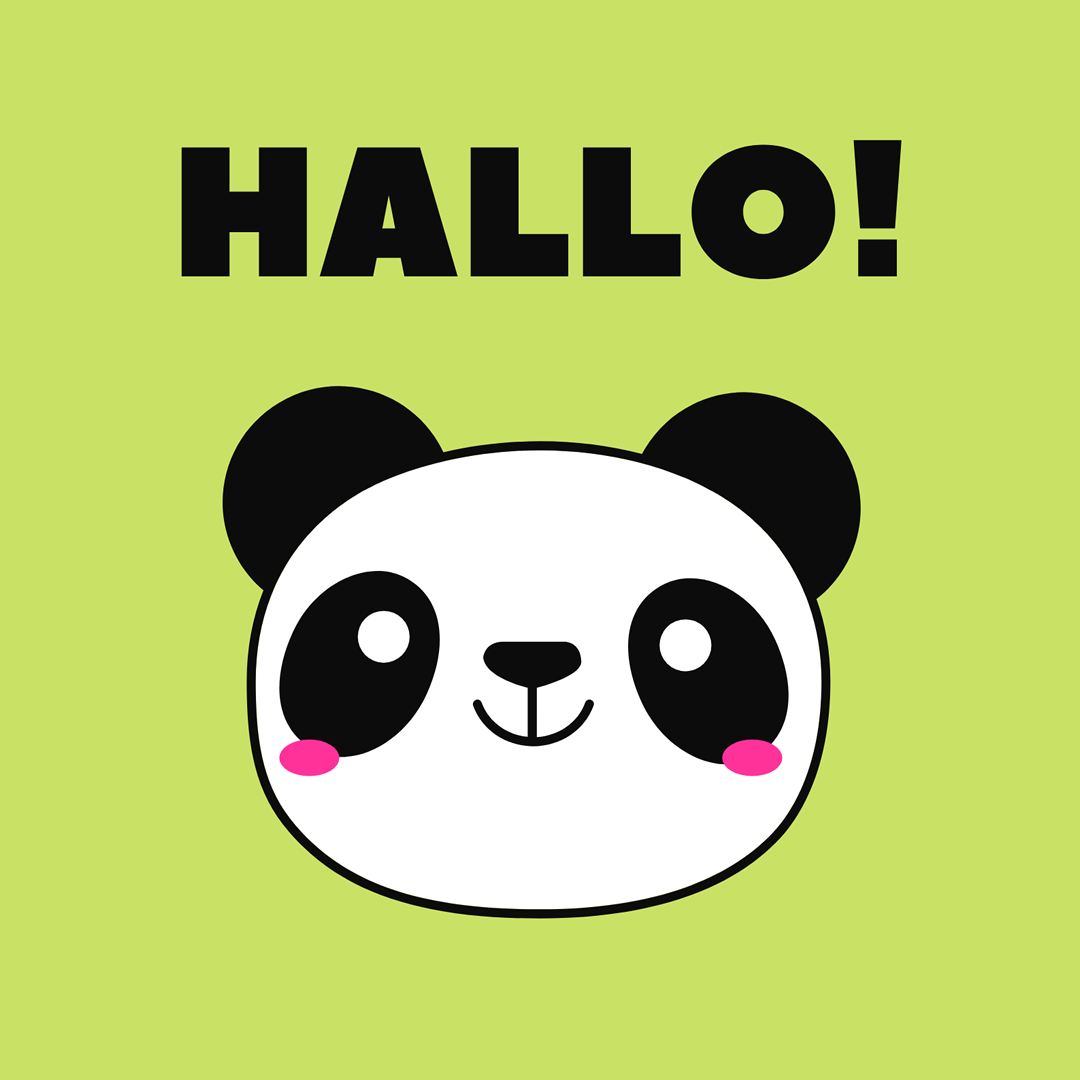 Niedlicher Panda mit „HALLO!“ Text auf grünem Hintergrund