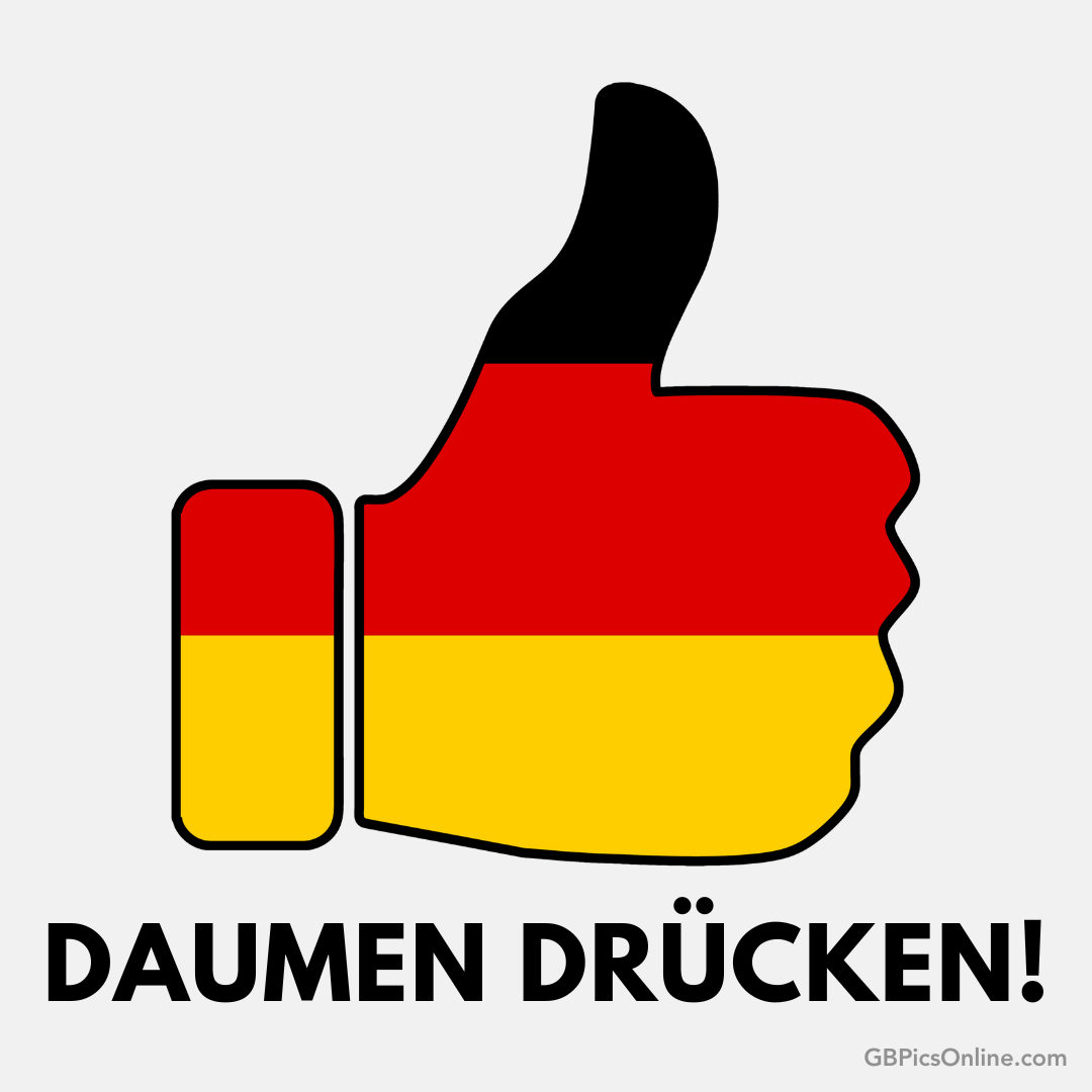 Ein Daumen hoch, gestaltet in den deutschen Nationalfarben Schwarz, Rot, Gold, mit Text „DAUMEN DRÜCKEN!“