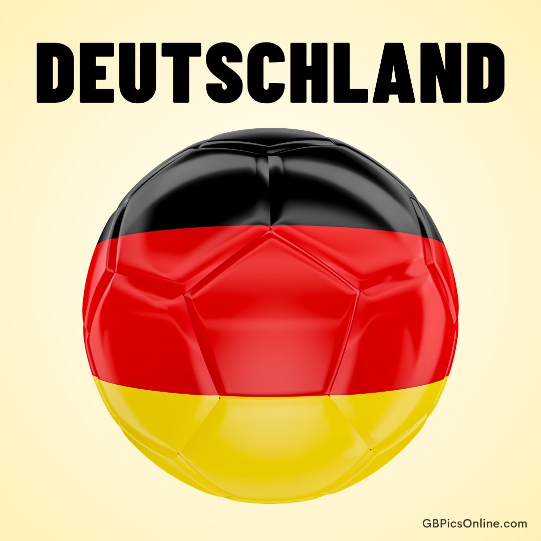 Glänzender Fußball in den Farben Schwarz-Rot-Gold, darüber der Schriftzug „Deutschland“