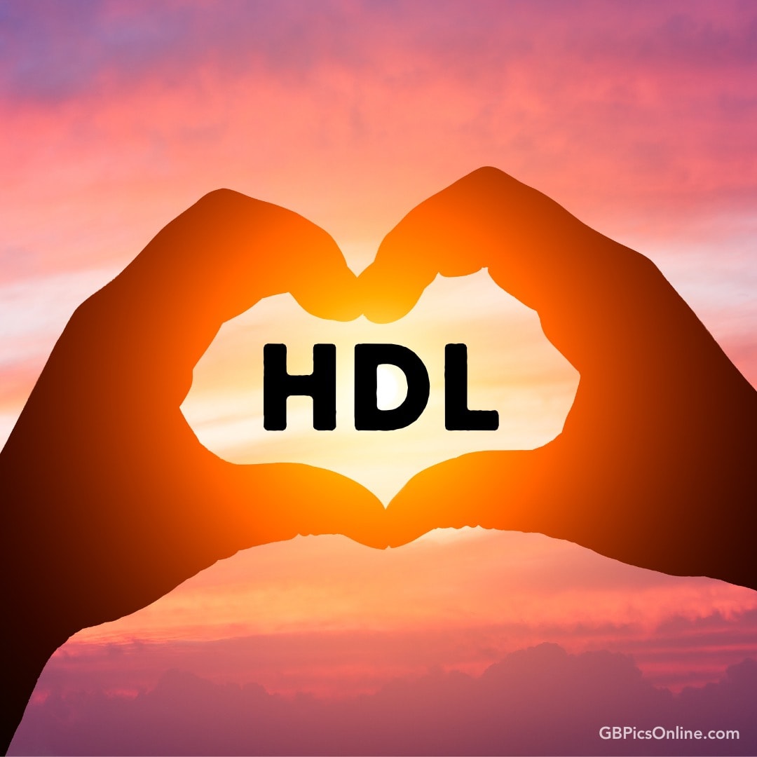 Hände formen ein Herz mit „HDL“ vor einem Sonnenuntergang