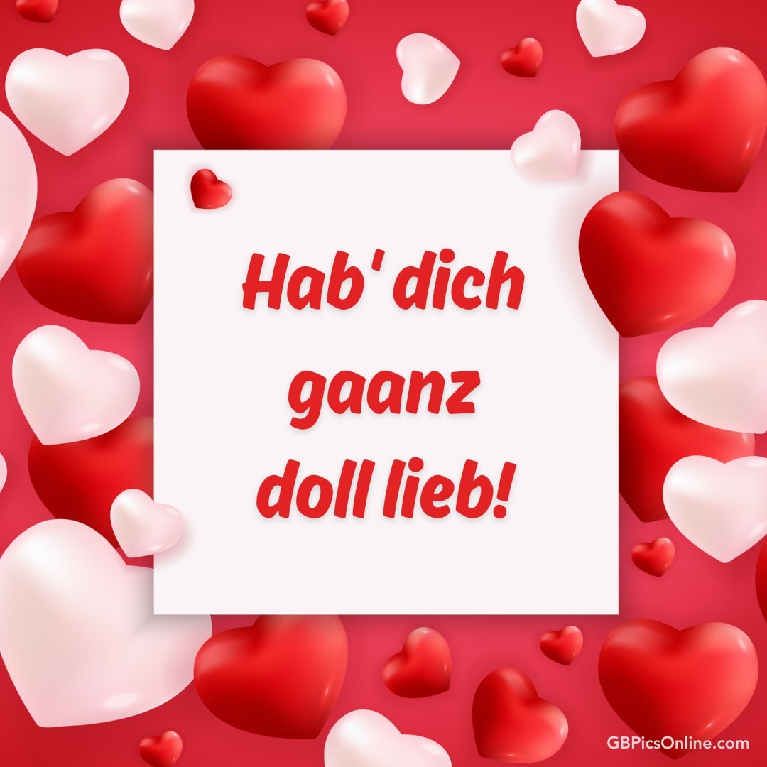 Rote und weiße Herzen mit Text „Hab' dich ganz doll lieb!“ auf rotem Hintergrund