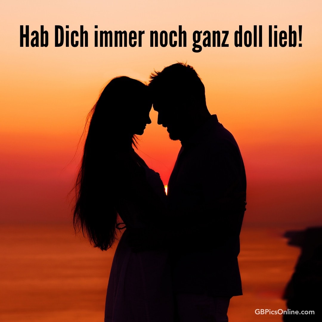 Silhouette eines sich umarmenden Paares vor einem Sonnenuntergang, Text: Hab Dich immer noch ganz doll lieb!