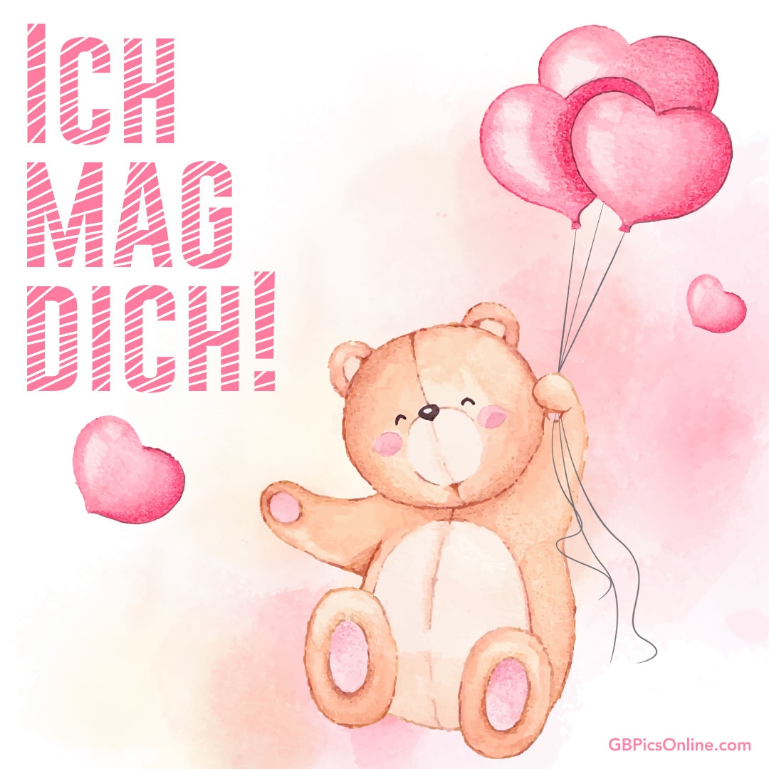 Ein Teddybär hält herzförmige Ballons. Große Worte sagen „ICH MAG DICH!“