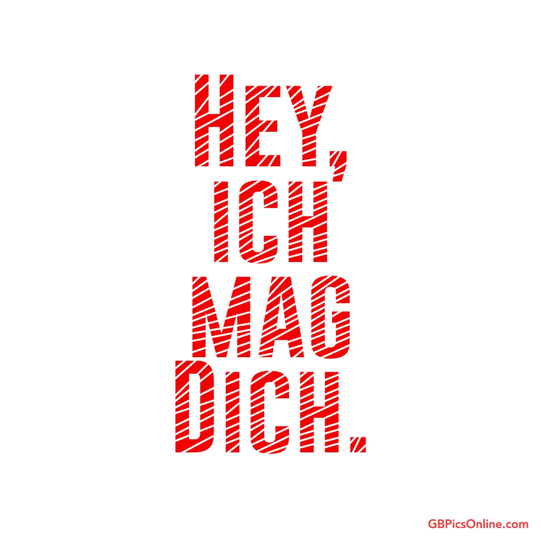 Rote Streifen formen den Text „HEY, ICH MAG DICH.“ auf weißem Hintergrund
