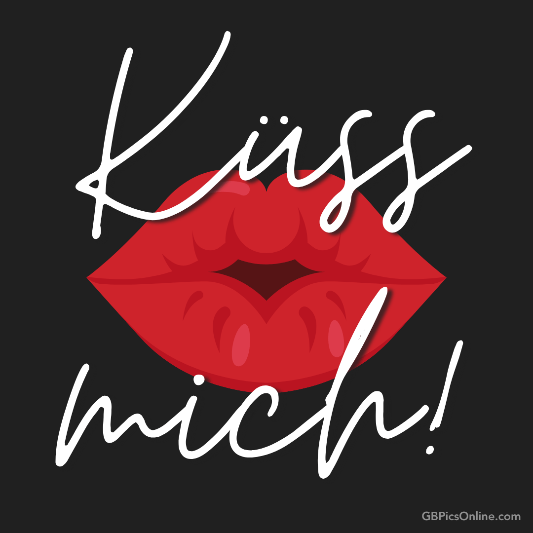 Rote Lippen mit der Aufschrift „Küss mich!“ auf schwarzem Hintergrund