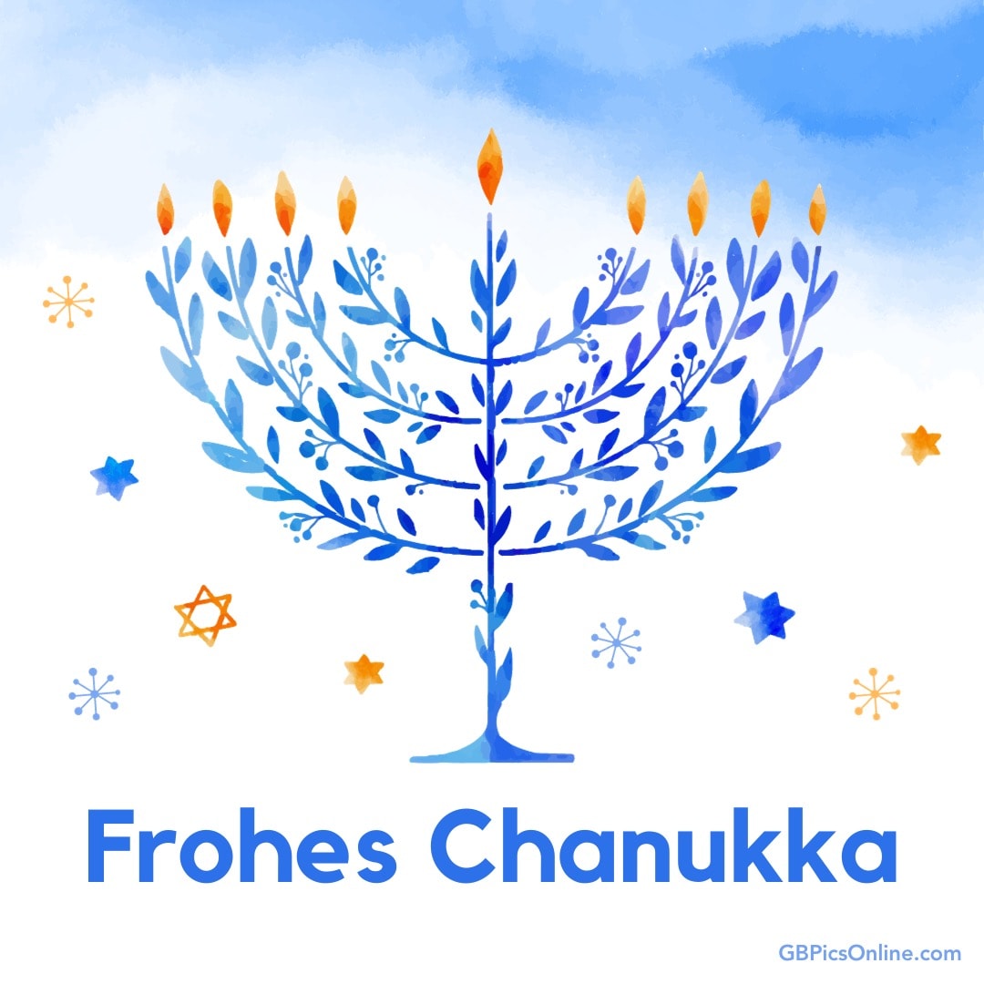 Ein blauer Chanukkah-Leuchter mit brennenden Kerzen und Sternen