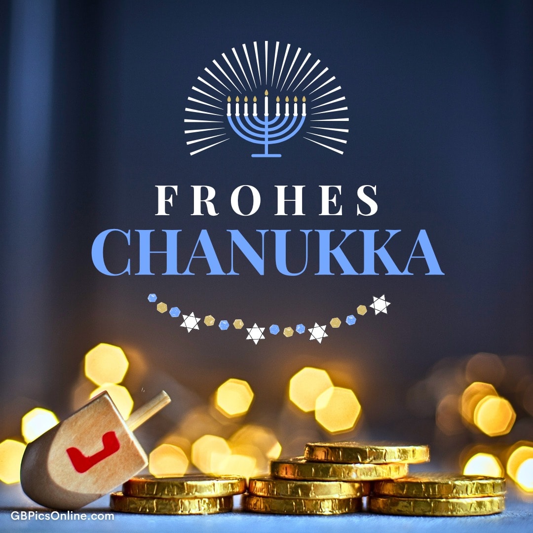 Frohes Chanukka-Thema mit Menora, Kreisel und Münzen