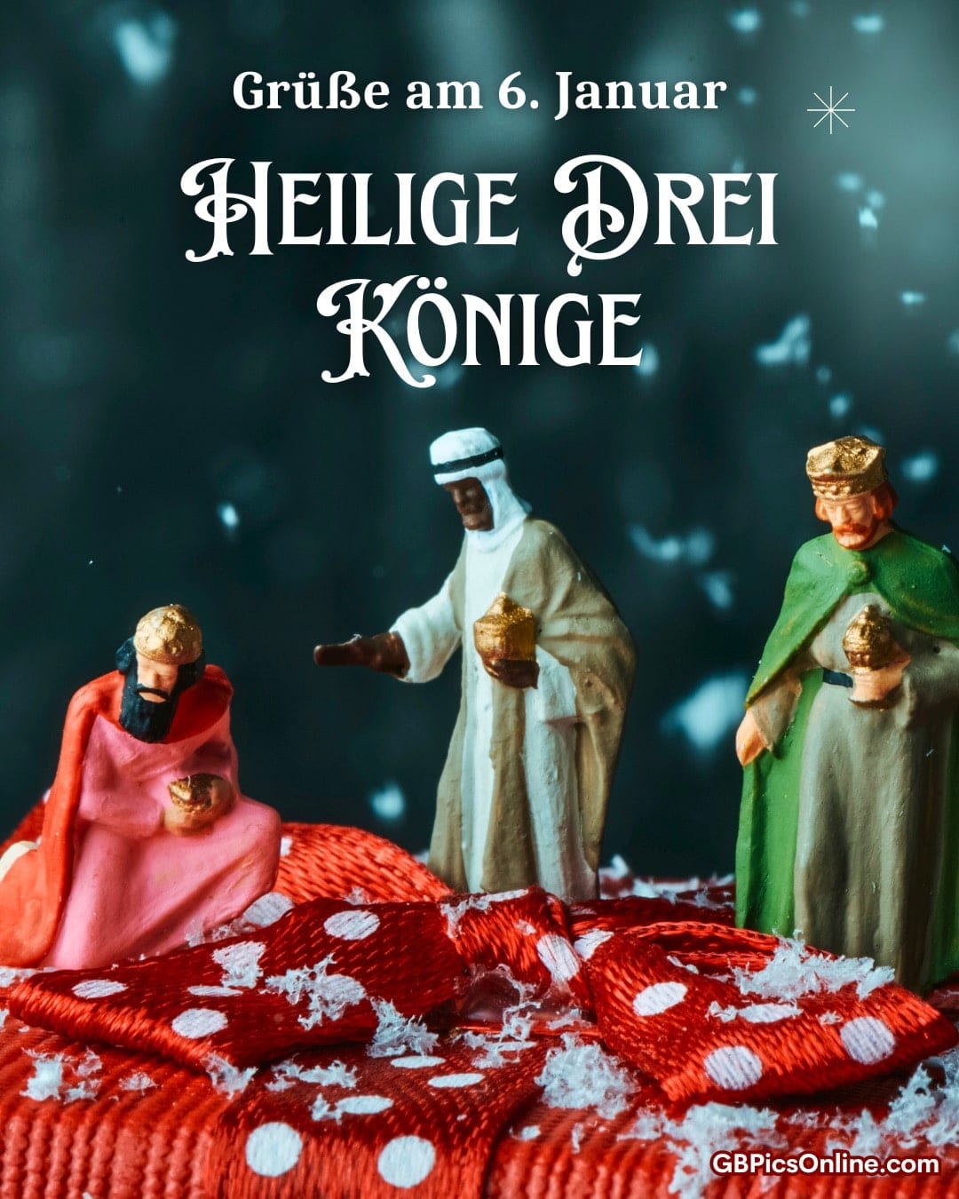 Figuren der Heiligen Drei Könige auf rotem Hintergrund mit Schneeflocken. Text: Grüße am 6. Januar. Heilige Drei Könige