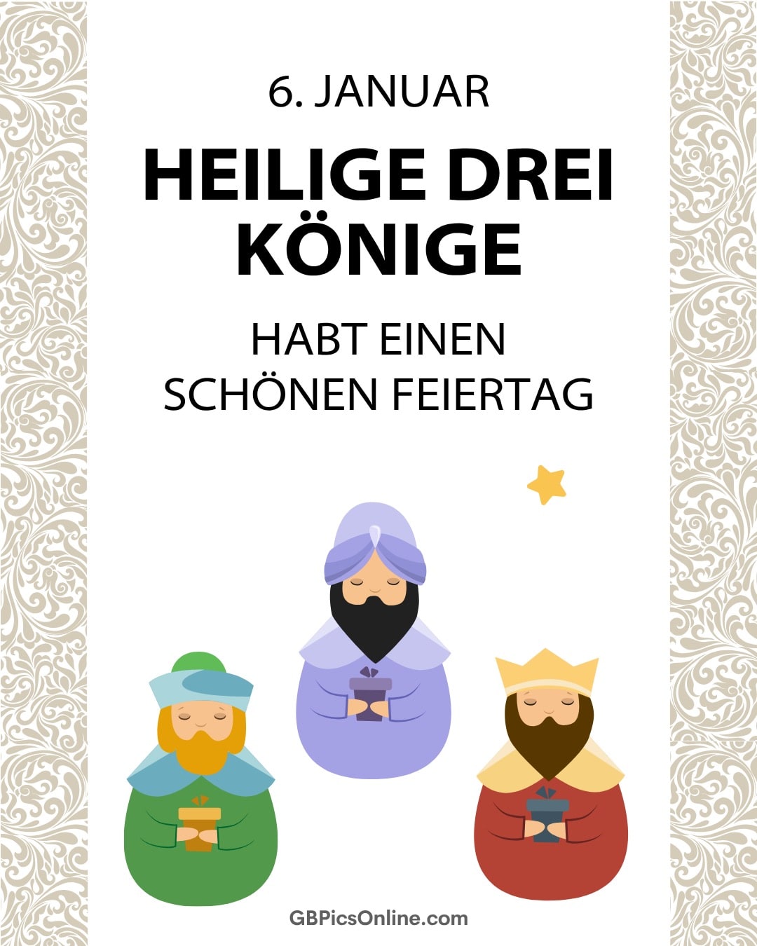 6. Januar, Heilige Drei Könige. Illustration der Könige in bunten Gewändern mit Geschenken. Schöner Feiertag