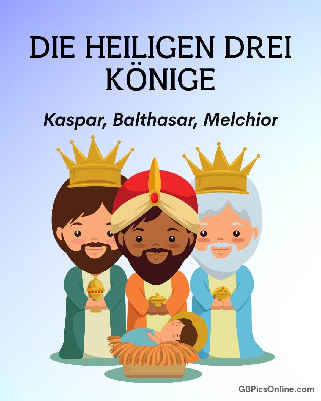 Drei Könige mit Geschenken vor einer Krippe; Kaspar, Balthasar und Melchior tragen Kronen und bunte Gewänder