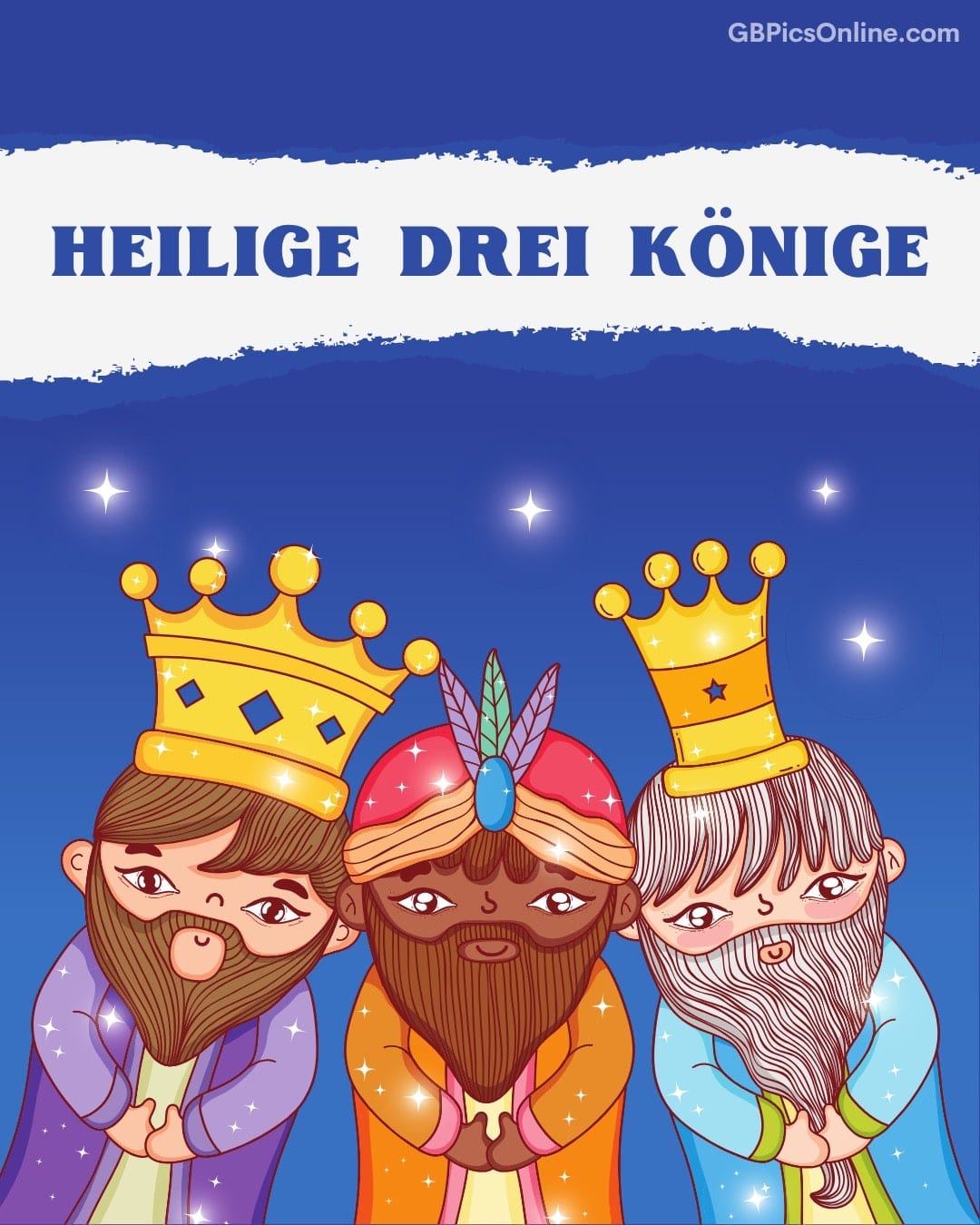 Drei gezeichnete Könige mit Kronen und Sternen in einem blauen Hintergrund, Schriftzug „HEILIGE DREI KÖNIGE“