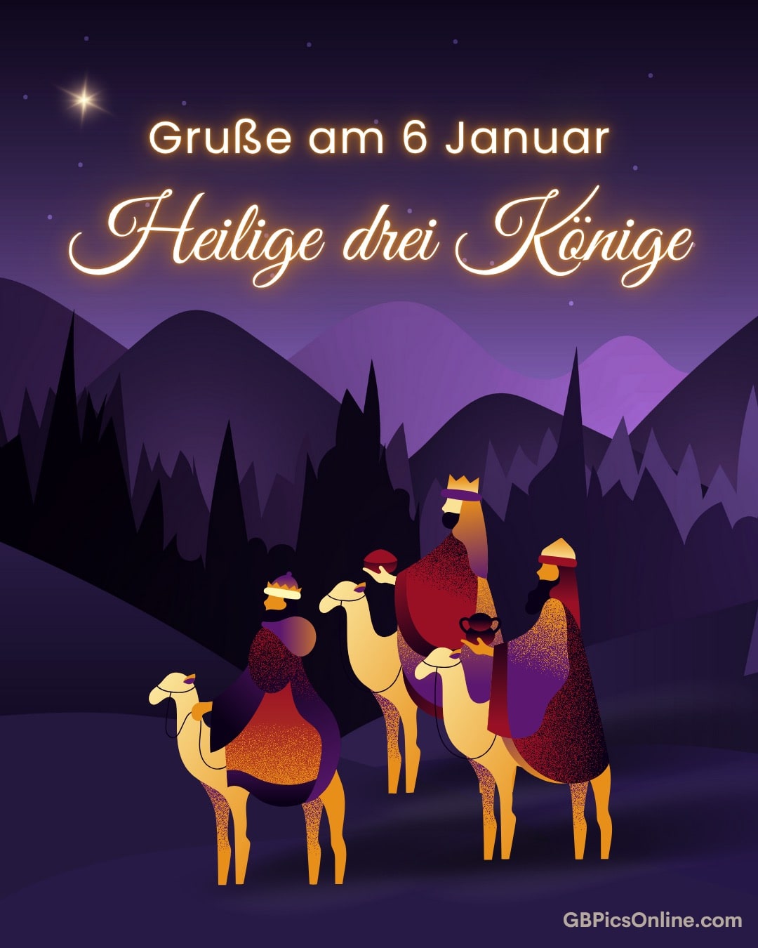 Drei Könige reisen mit Kamelen unter einem Sternenhimmel. Oben steht „Grüße am 6 Januar - Heilige drei Könige“