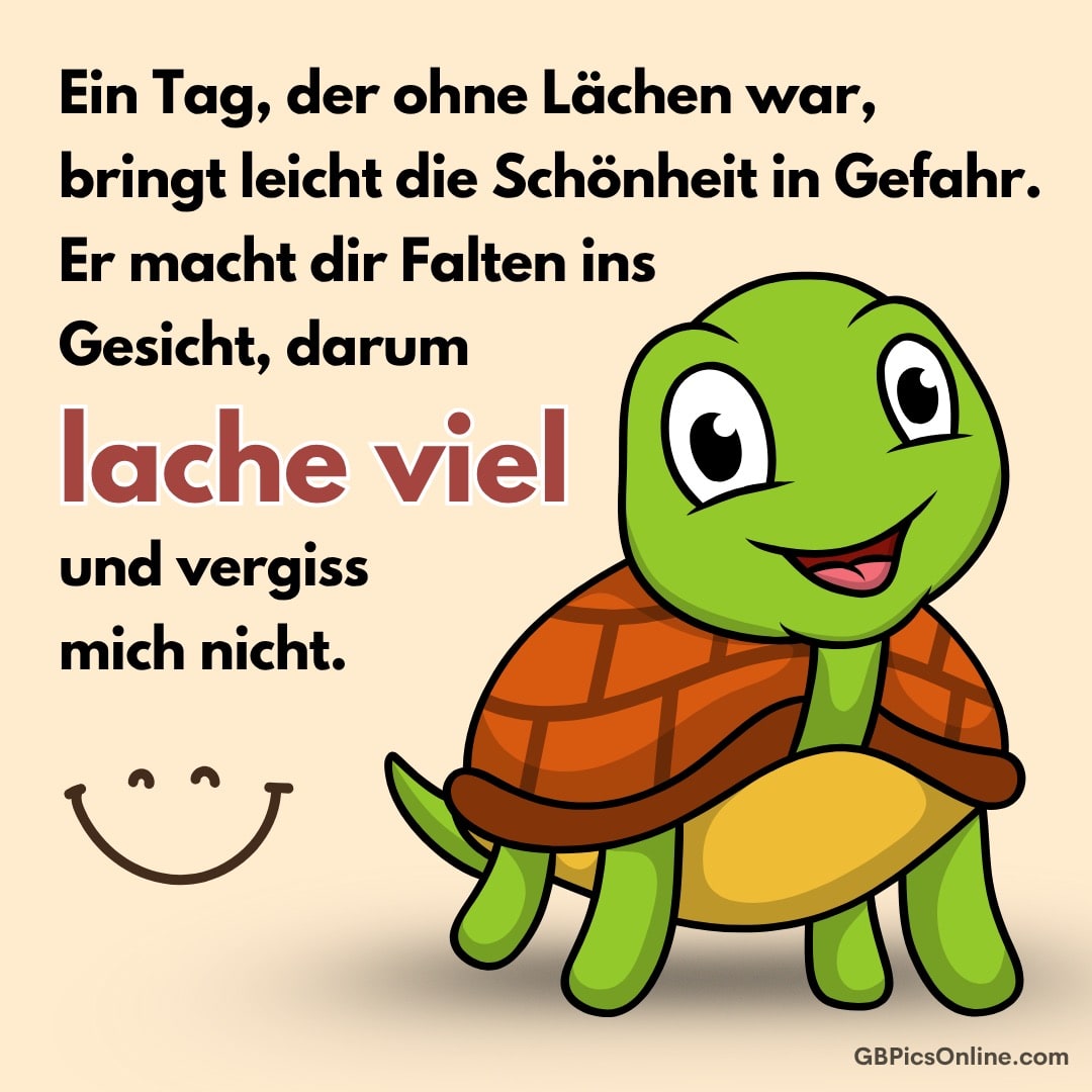 Eine fröhliche Schildkröte lächelt, daneben steht: „Lache viel und vergiss mich nicht.“
