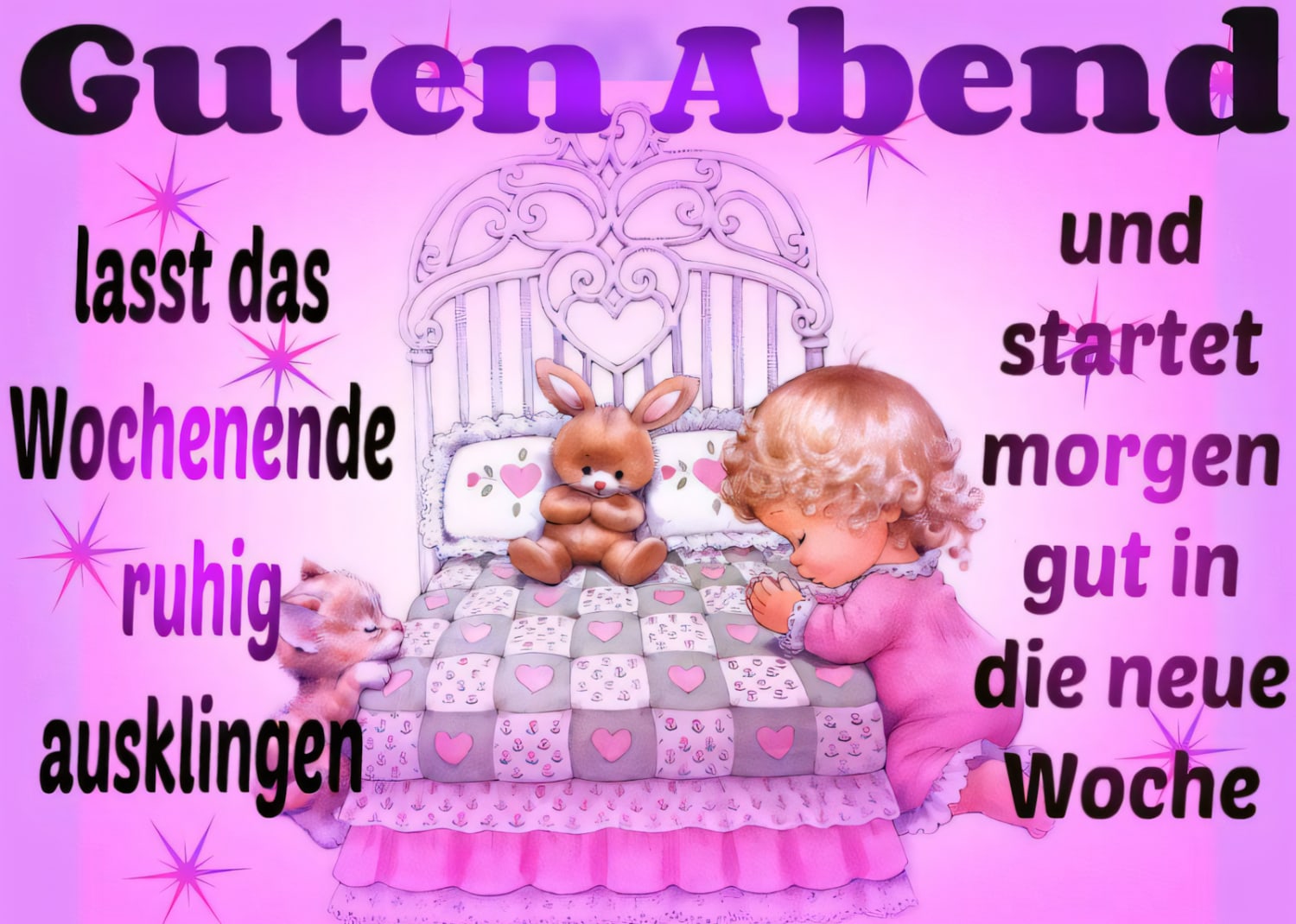 Ein Mädchen betet am Bett, auf dem ein Stoffhase sitzt, neben einer schlafenden Katze. Text „Guten Abend“ oben