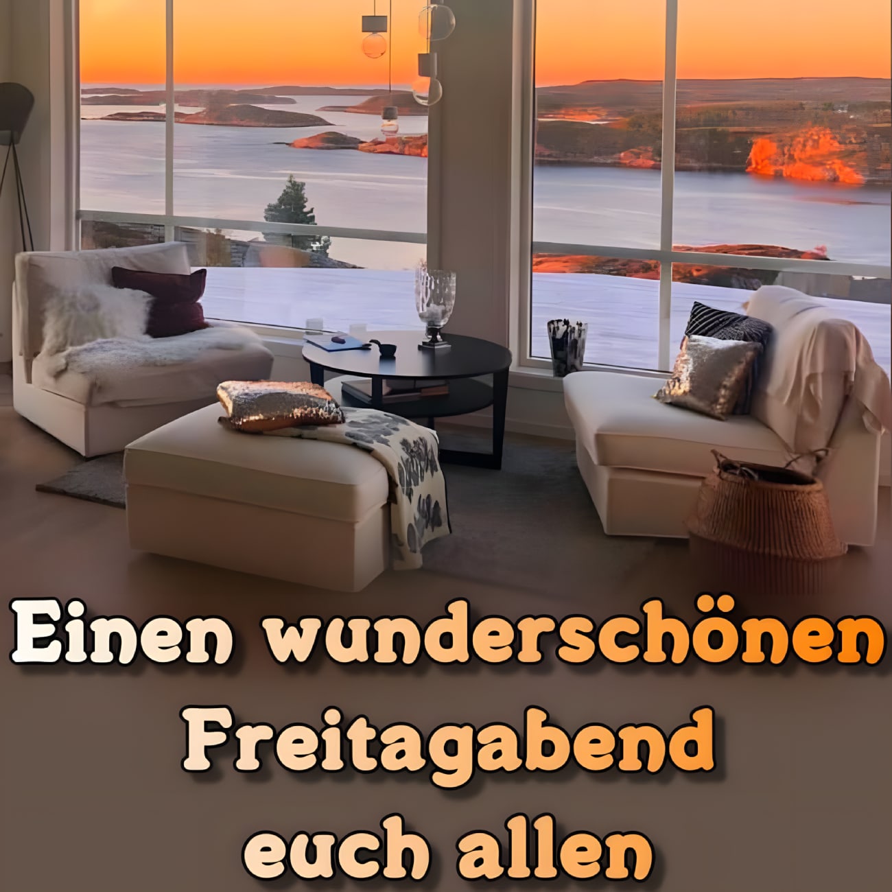 Ein gemütliches Wohnzimmer mit Meerblick bei Sonnenuntergang