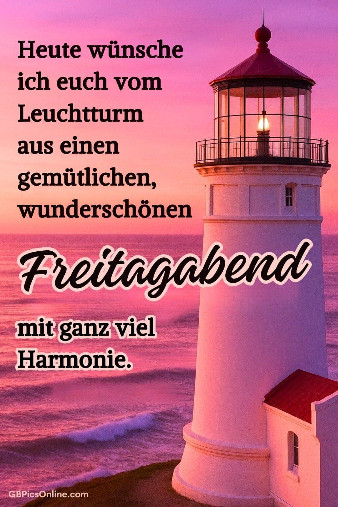 Leuchtturm am Meer bei rosigem Sonnenuntergang, dazu ein Gruß: „gemütlichen, wunderschönen Freitagabend mit Harmonie“
