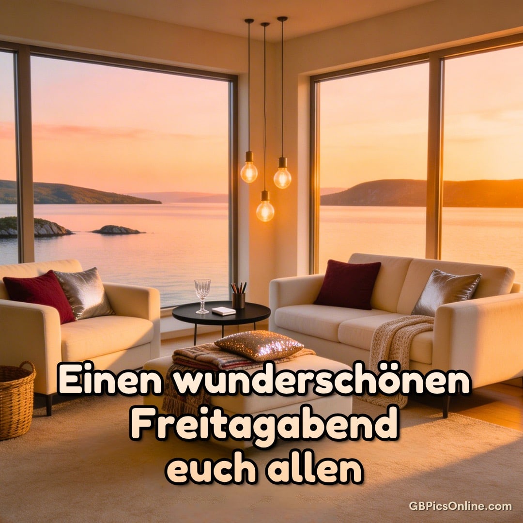 Wohnzimmer mit Sofas und Lampen, Blick durch große Fenster auf Meer und Sonnenuntergang, Grußtext unten