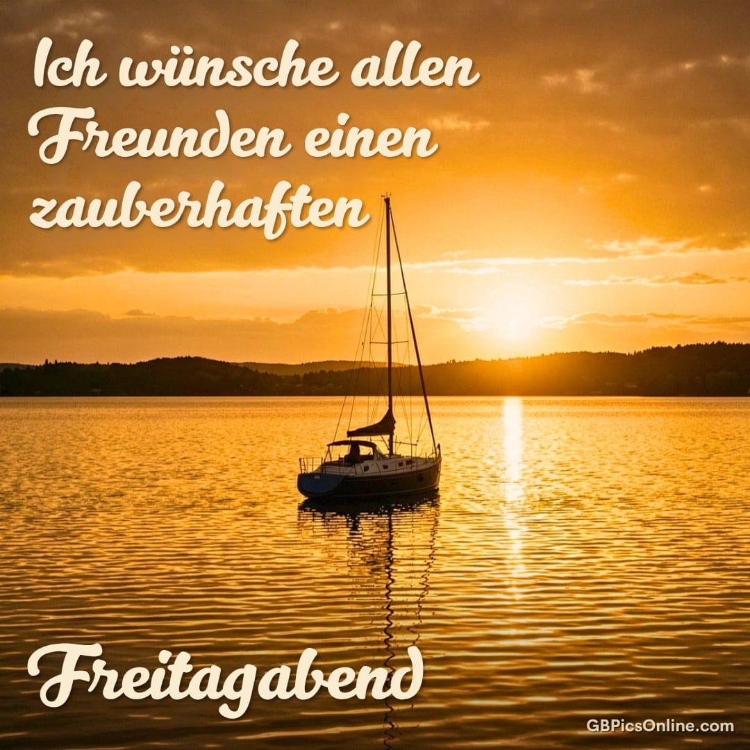 Segelboot auf ruhigem See bei goldenem Sonnenuntergang, Grußtext wünscht einen zauberhaften Freitagabend