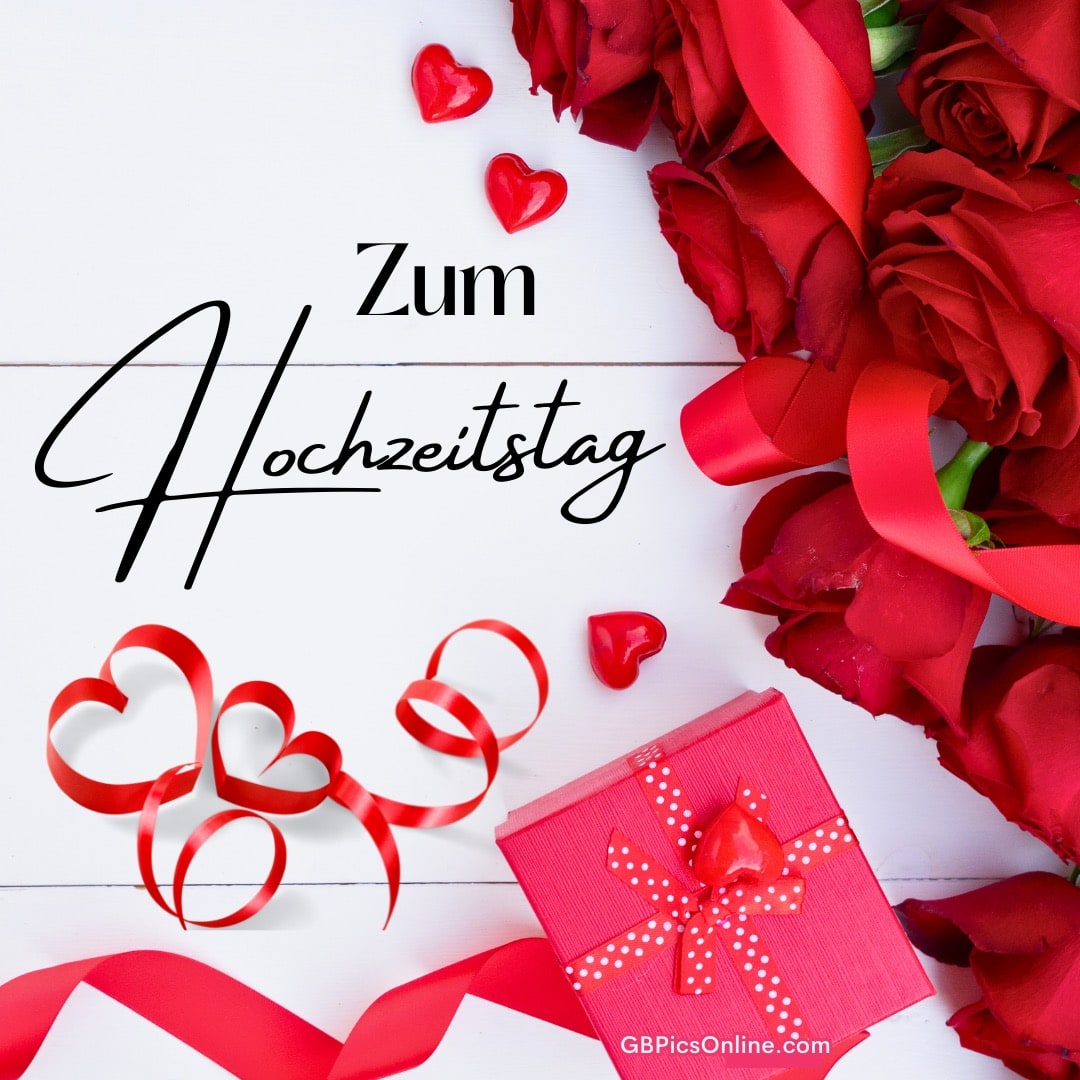Zum Hochzeitstag: Rosen, rote Herzen und ein Geschenk auf weißem Grund