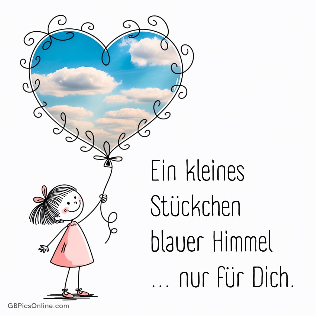 Mädchen mit herzförmigem Luftballon, gefüllt mit blauem Himmel; Text: „Ein kleines Stückchen blauer Himmel … nur für Dich.“