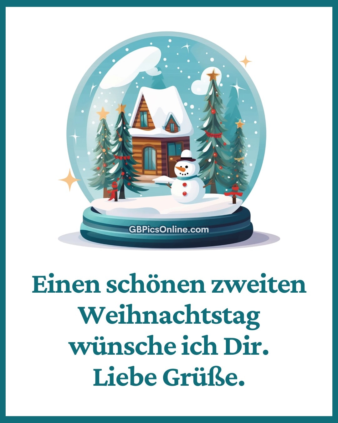 Schneekugel mit Haus, Schneemann und Festtagsgruß