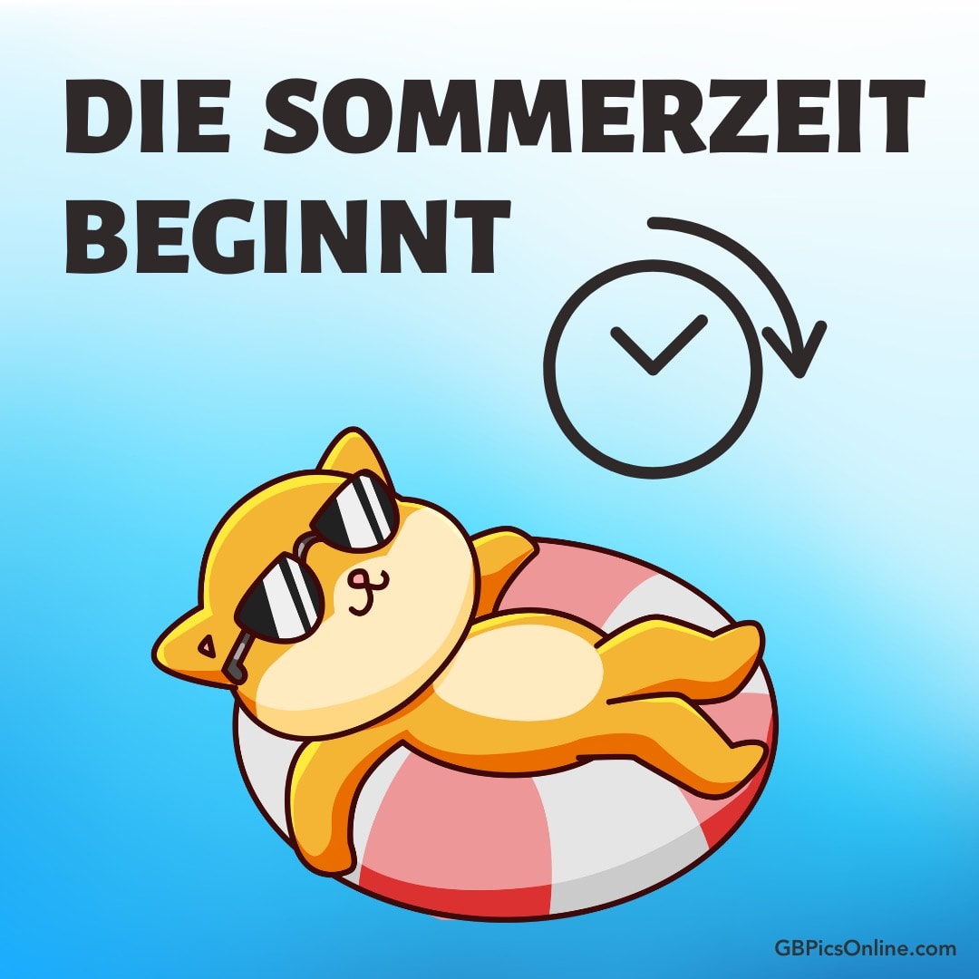 Eine Zeichnung zeigt eine entspannte Katze auf einem Schwimmring, neben dem Text „Die sommerzeit beginnt“ und einer Uhr