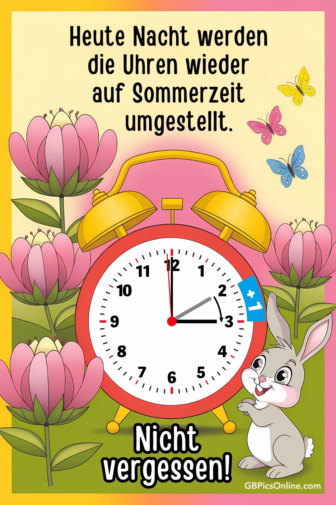 Eine Erinnerung zur Zeitumstellung auf Sommerzeit, mit Hase, Uhr und Blumen