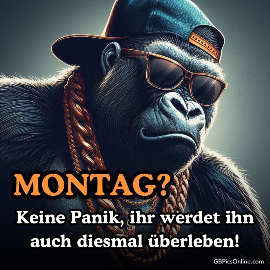 Ein Gorilla in Kappe und Sonnenbrille. Text: „Montag? Keine Panik, ihr werdet ihn auch diesmal überleben!“