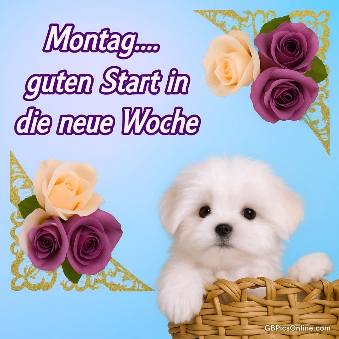 Ein niedlicher weißer Hund sitzt im Korb, umgeben von Rosen, dazu der Spruch: Montag... guten Start in die neue Woche